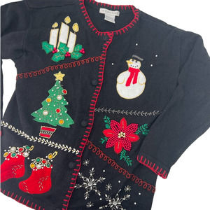 Victoria Jones Black Vintage Beaded Christmas Sweater Size Small